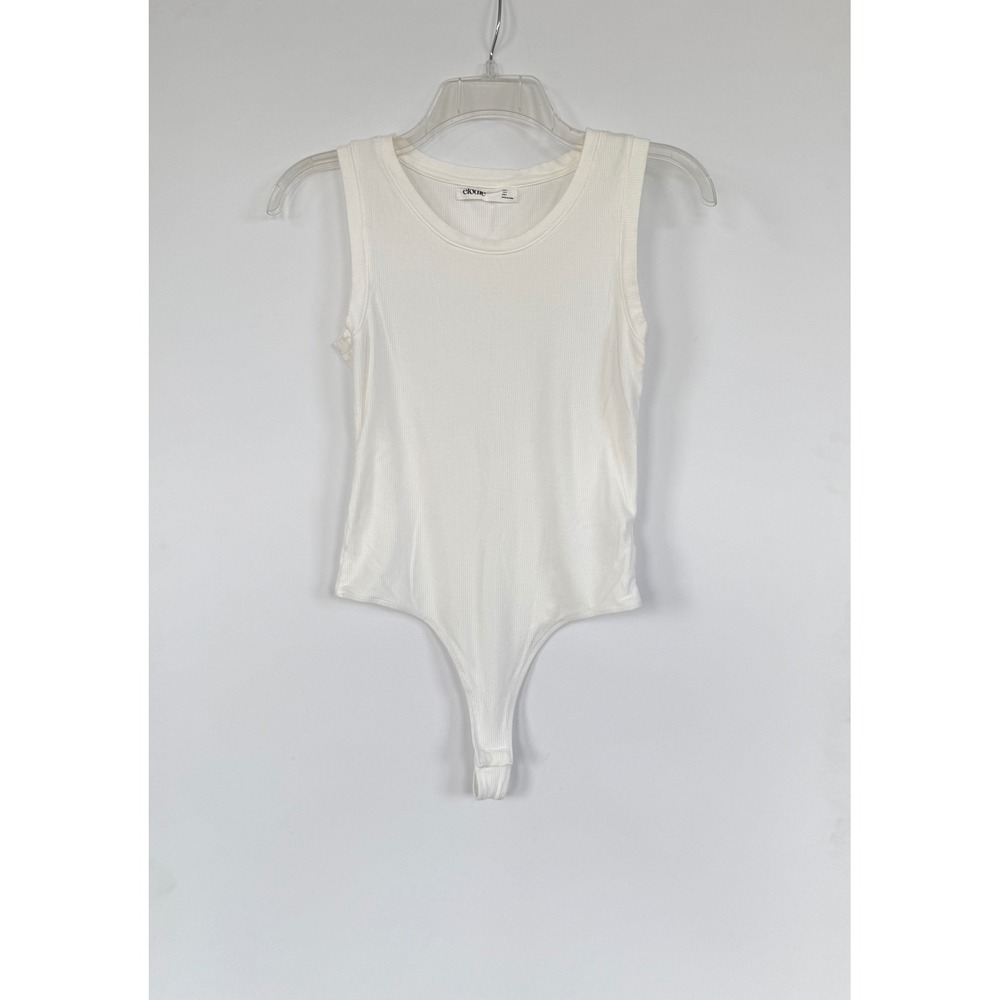 Elodie Womens Small White Ribbed Knit Sleeveless Bodysuit Crew Neck Y2K Layering